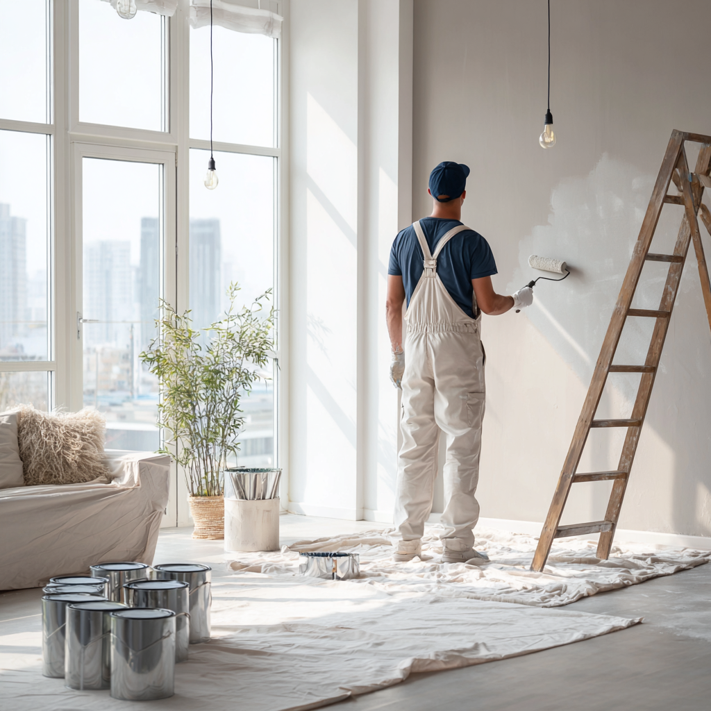 Professional interior painter working in modern home